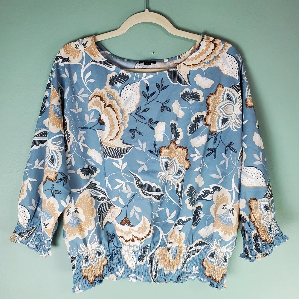 Ann Taylor Factory Womens Petite Blue Multicolor Floral Print Blouse Top Size LP